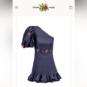 Fanm Mon Navy One-Shoulder Dress with Red Rose Embroidery